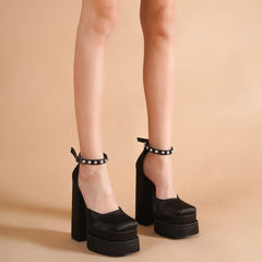 Crystal Satin Square Toe Chunky Platform Pumps - Black