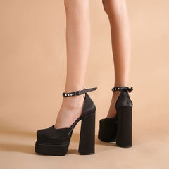 Crystal Satin Square Toe Chunky Platform Pumps - Black