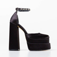 Crystal Satin Square Toe Chunky Platform Pumps - Black