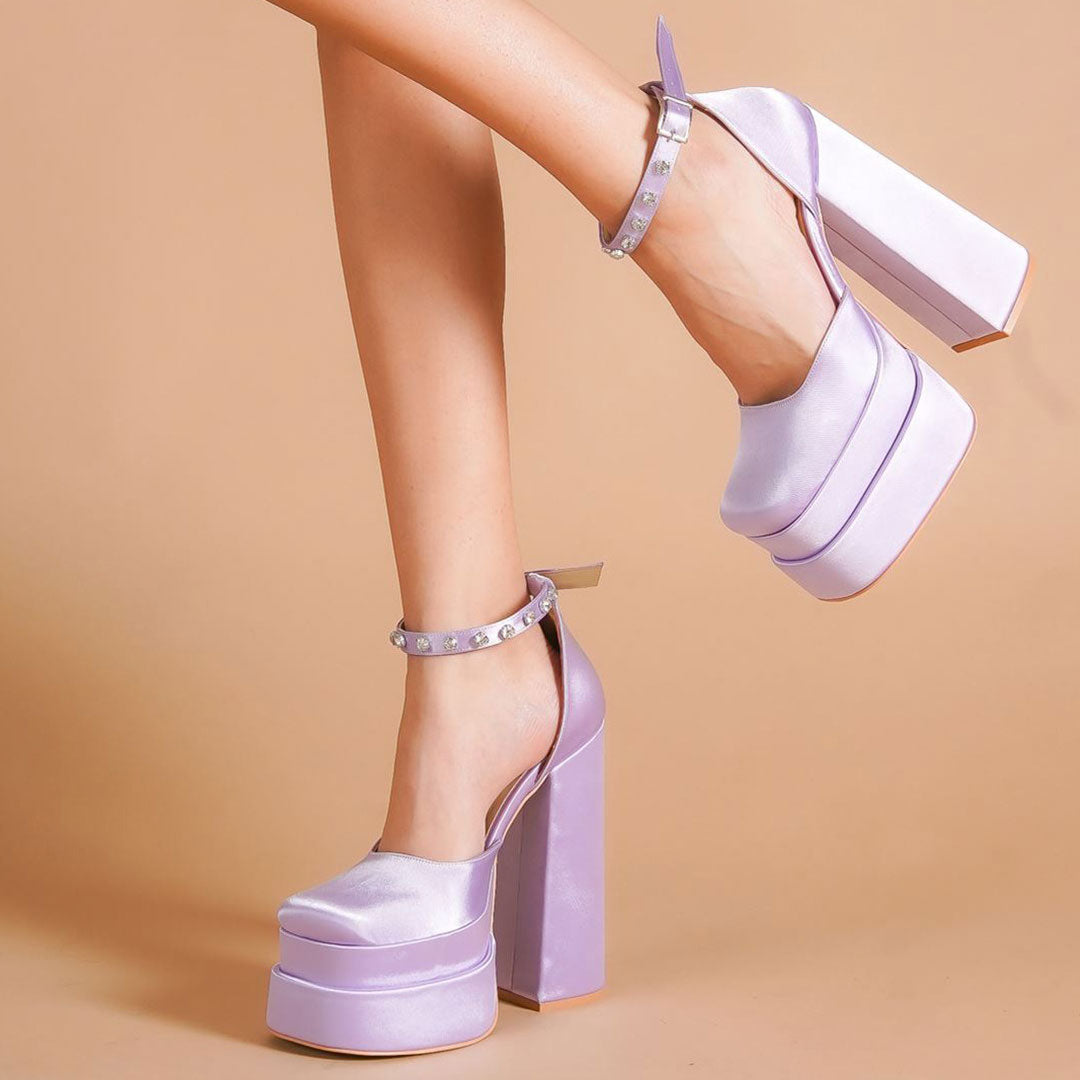 Crystal Satin Square Toe Chunky Platform Pumps - Purple