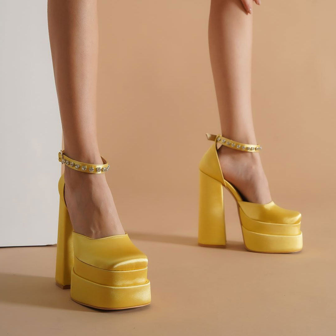 Crystal Satin Square Toe Chunky Platform Pumps - Yellow