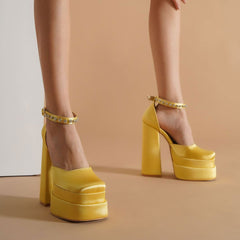 Crystal Satin Square Toe Chunky Platform Pumps - Yellow