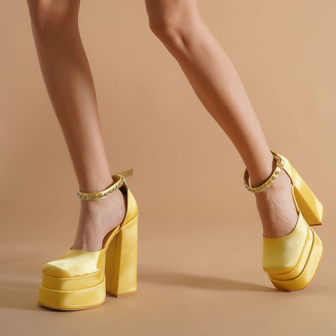 Crystal Satin Square Toe Chunky Platform Pumps - Yellow