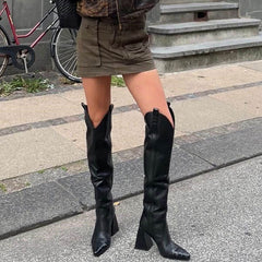 Slouchy Pointed Toe Sculptural Block Heel Knee High Boots - Black