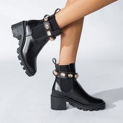 Crystal Trim Lug Sole Round Toe Chunky Heel Ankle Boots - Black