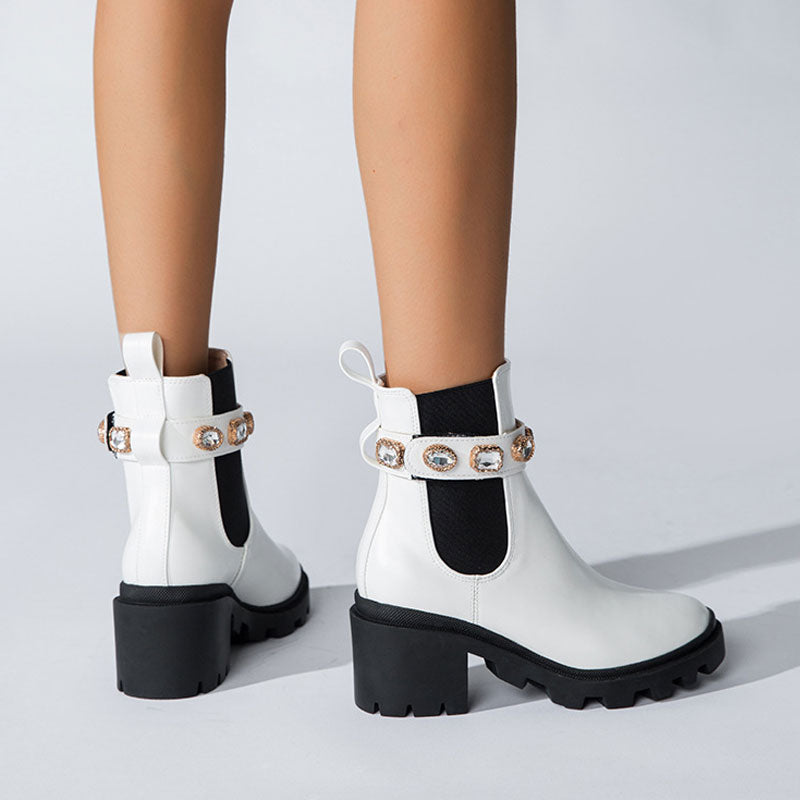 Crystal Trim Lug Sole Round Toe Chunky Heel Ankle Boots - White