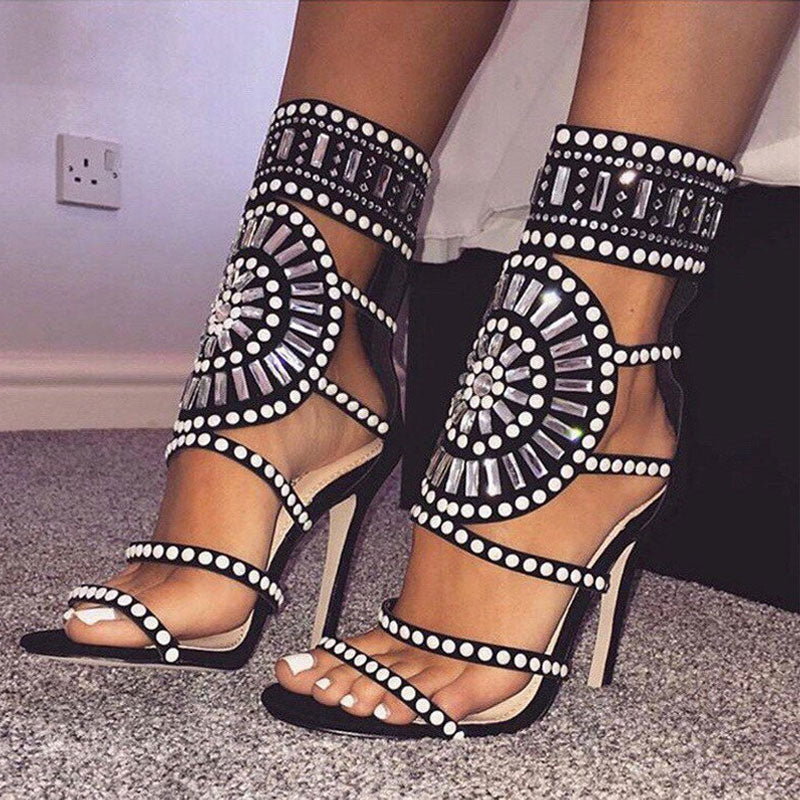 Embellished Cut Out Open Toe High Heel Sandals - Black