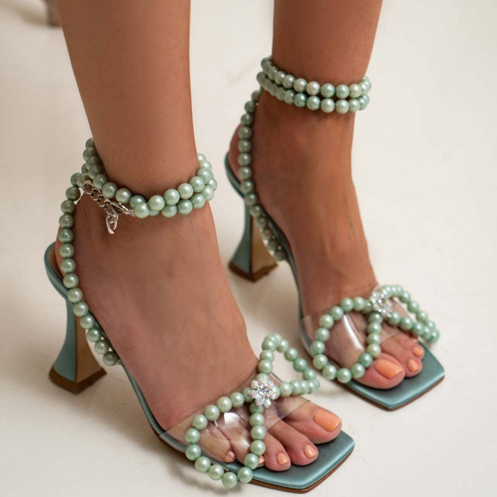 Pearl Strap Unique High Heels Butterfly Sandals - Green