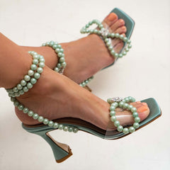 Pearl Strap Unique High Heels Butterfly Sandals - Green