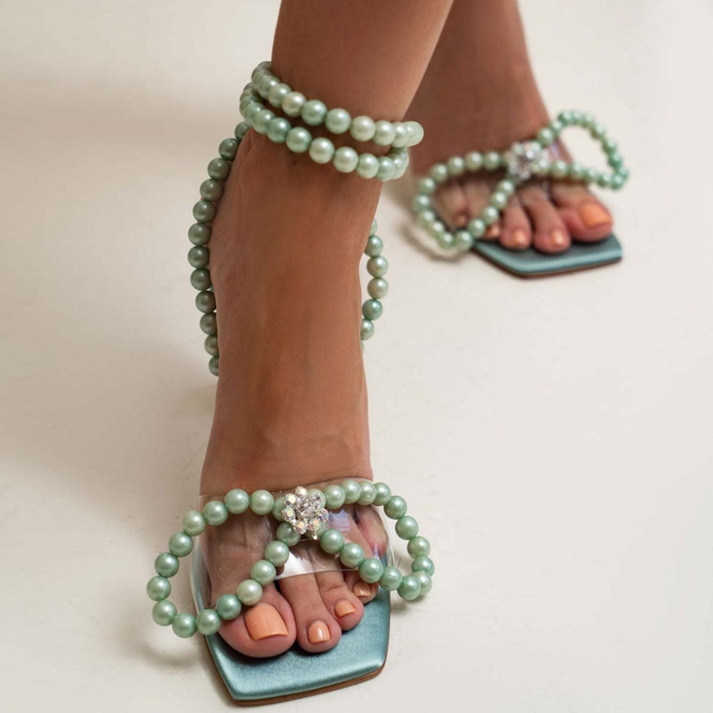 Pearl Strap Unique High Heels Butterfly Sandals - Green