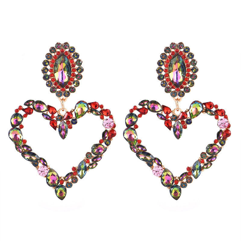 Rhinestone Heart Statement Drop Earrings - Multicolor