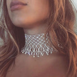Rhinestone Chain Fringe Statement Choker Necklace - Silver