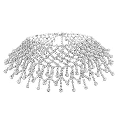 Rhinestone Chain Fringe Statement Choker Necklace - Silver