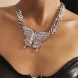 Rhinestone Embellished Butterfly Charm Statement Necklace - Silver