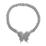 Rhinestone Embellished Butterfly Charm Statement Necklace - Silver