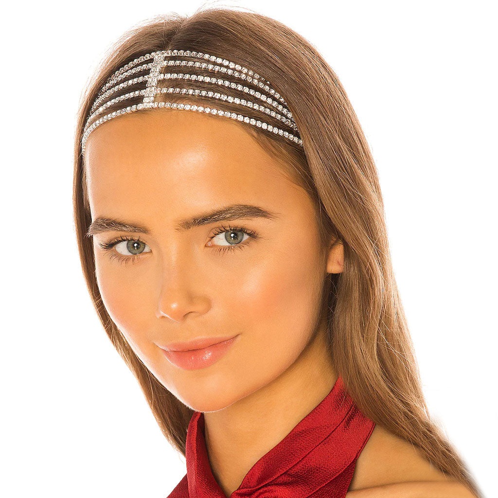 Rhinestone Embellished Layered Tassel Headband - Silver