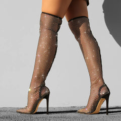 Rhinestone Pointed Toe Mesh Thigh High Boots - Black