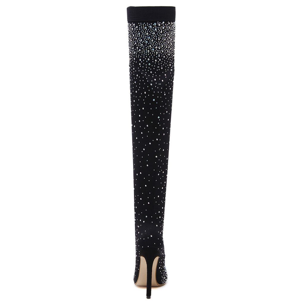 Rhinestone Pointed Toe Stiletto Heel Thigh High Boots - Black