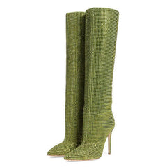 Rhinestone Pointed Toe Stiletto Heel Thigh High Boots - Green