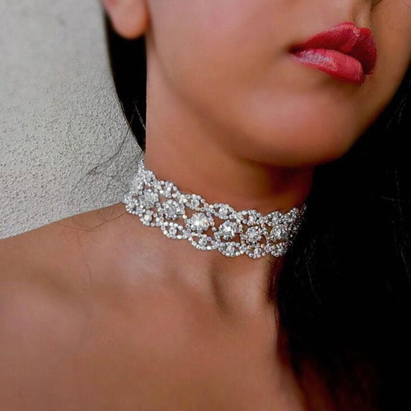 Rhinestone Chain Statement Choker Necklace - Silver