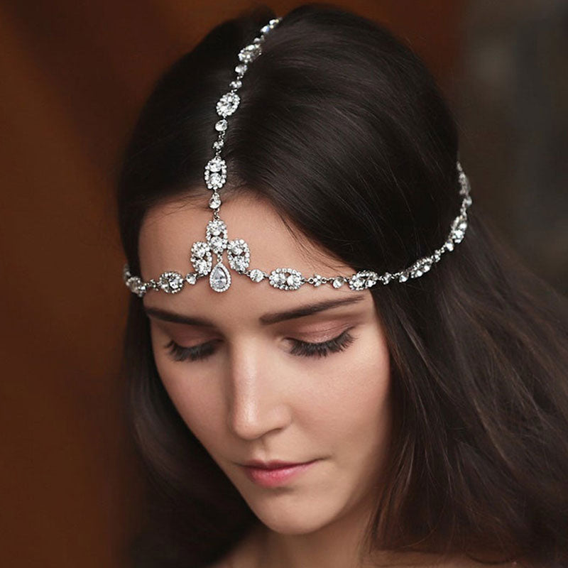 Rhinestone Teardrop Embellished Layered Head Chain - Silver