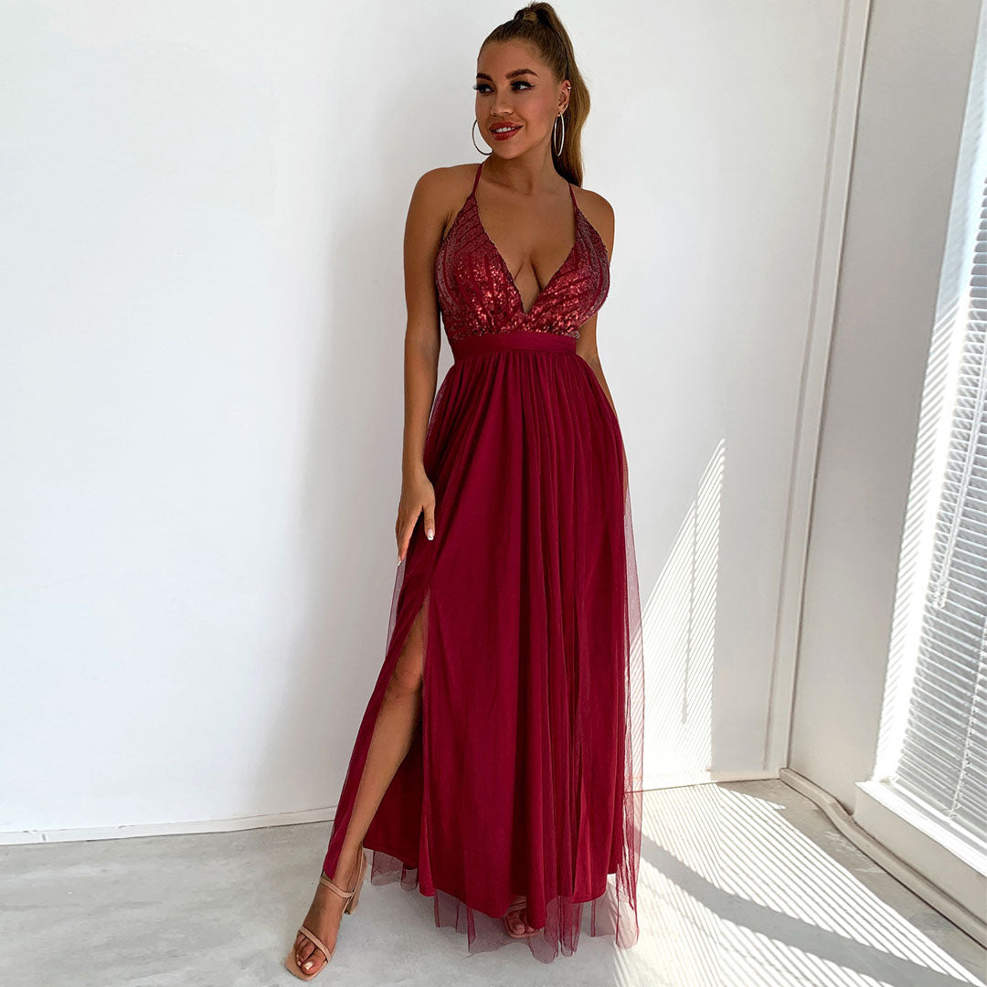 Sequin Panel Mesh Deep V Backless Evening Maxi Dress - Burgundy