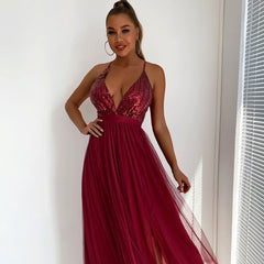 Sequin Panel Mesh Deep V Backless Evening Maxi Dress - Burgundy