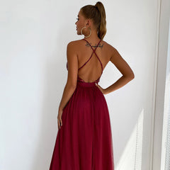 Sequin Panel Mesh Deep V Backless Evening Maxi Dress - Burgundy