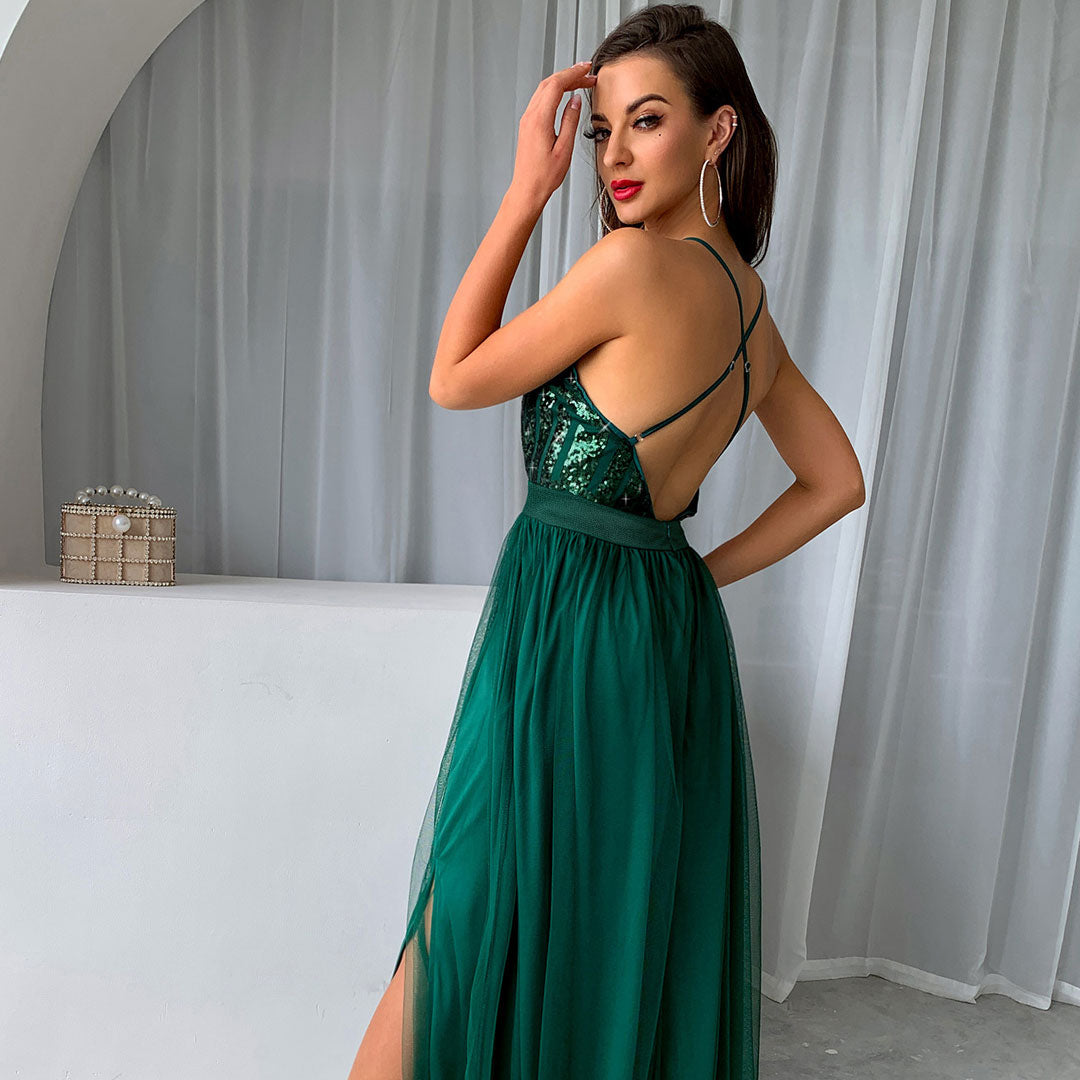 Sequin Panel Mesh Deep V Backless Evening Maxi Dress - Emerald Green