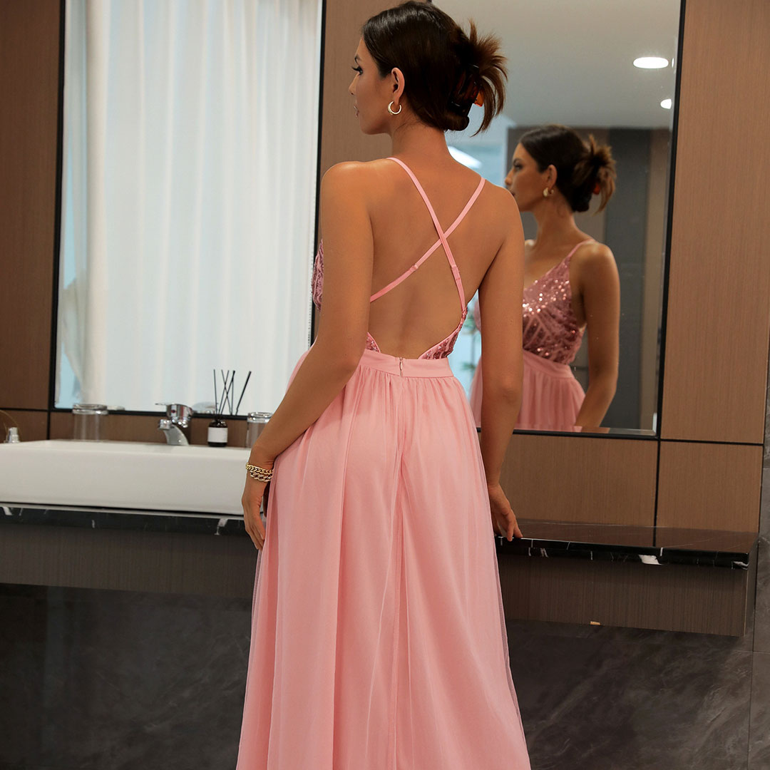 Sequin Panel Mesh Deep V Backless Evening Maxi Dress - Pink