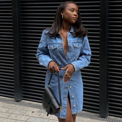 Button Down Long Sleeve Denim Midi Dress - Blue