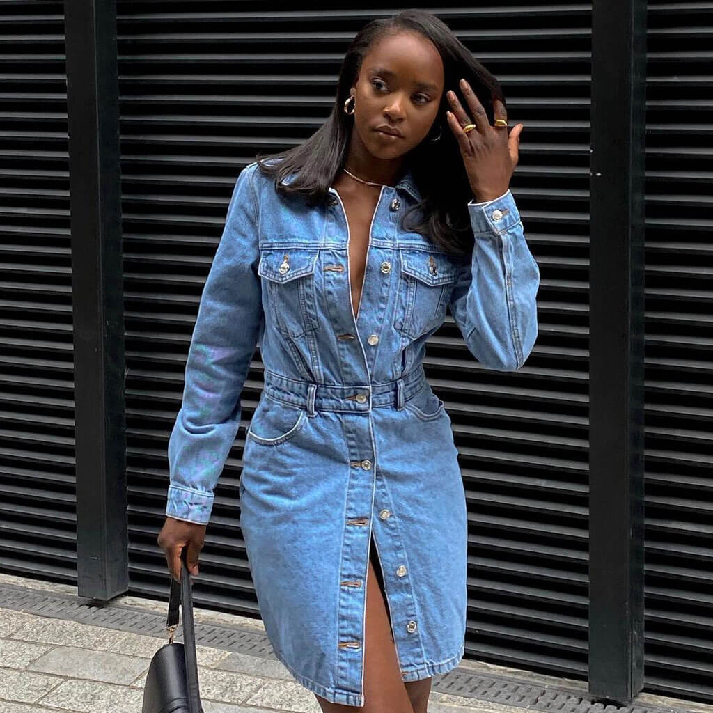 Button Down Long Sleeve Denim Midi Dress - Blue