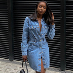 Button Down Long Sleeve Denim Midi Dress - Blue