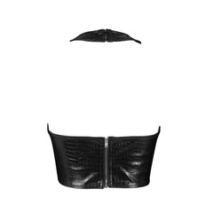 Croco Embossed Halter Neck Crop Leather Top - Black