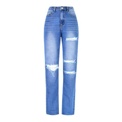 Cut Out High Waist Frayed Straight Leg Jeans- Blue