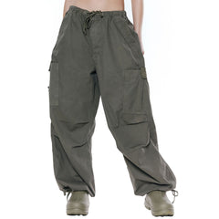 Drawstring Multi Pocket Wide Leg Baggy Cargo Pants - Army Green