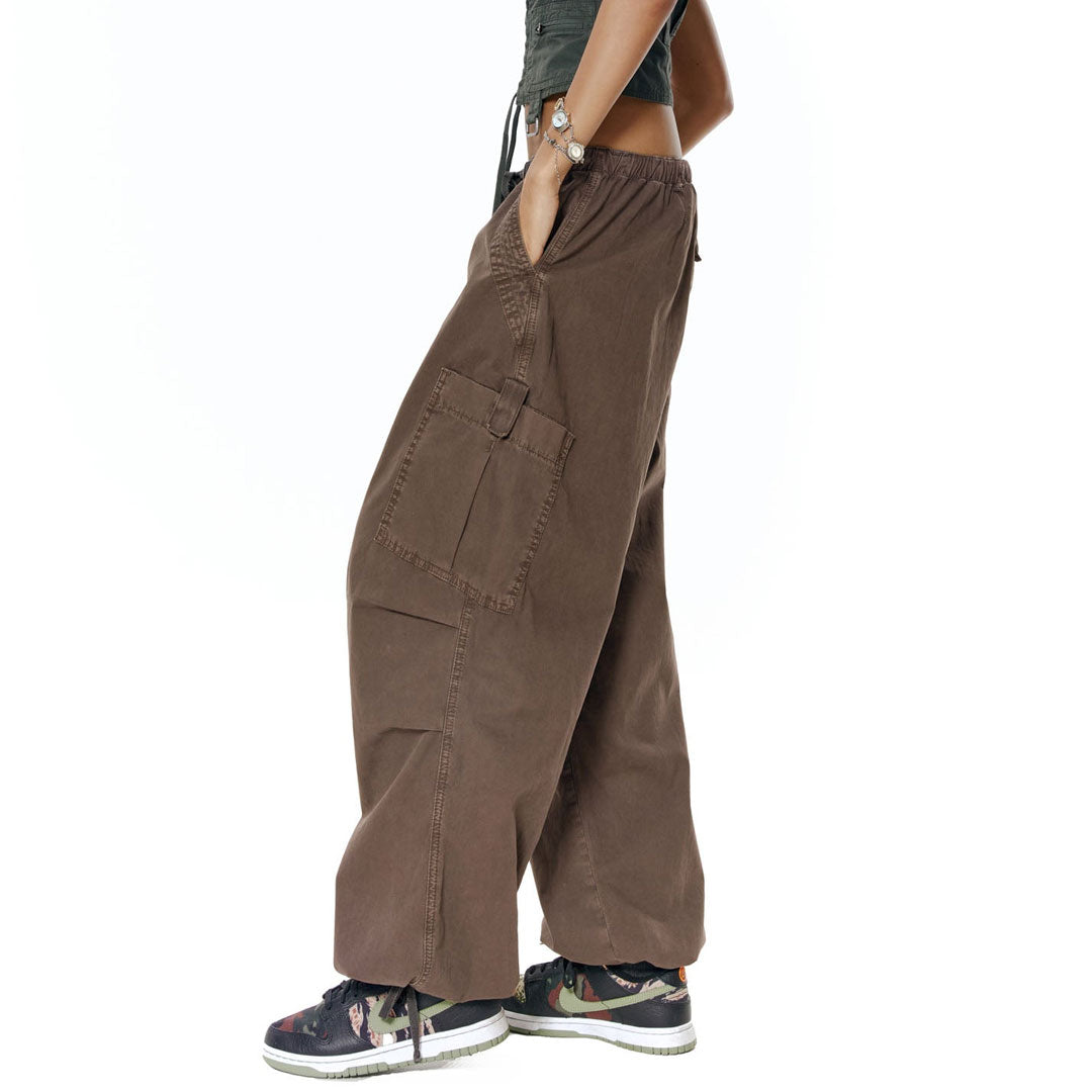 Drawstring Multi Pocket Wide Leg Baggy Cargo Pants - Brown