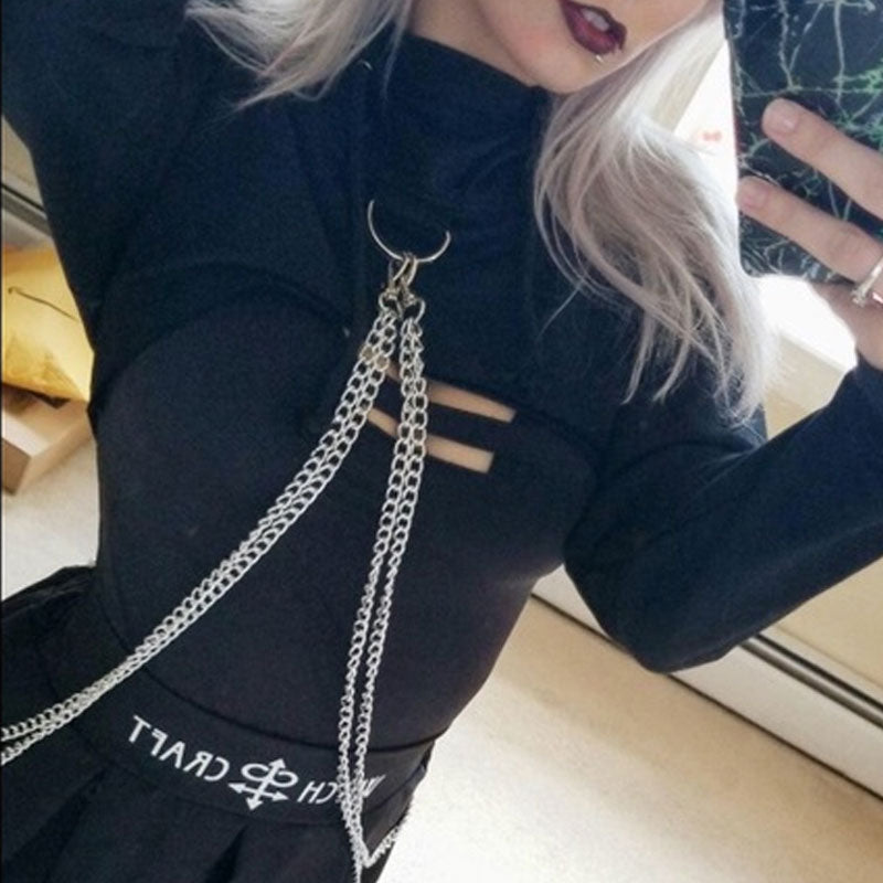 Chain Drop Shoulder Long Sleeve Cropped Hoodie - Black