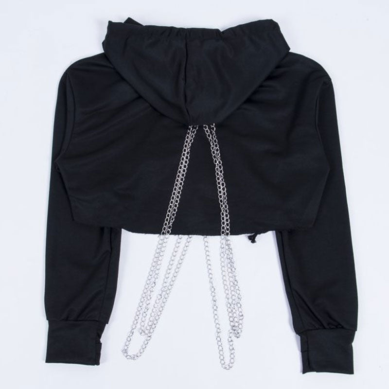 Chain Drop Shoulder Long Sleeve Cropped Hoodie - Black