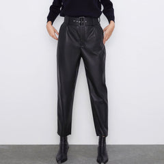 High Waist Buckle Trim Side Pocket Vegan Leather Pants - Black