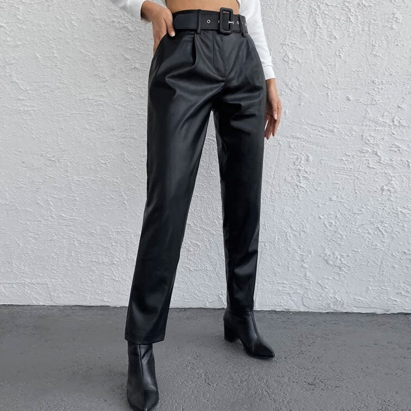 High Waist Buckle Trim Side Pocket Vegan Leather Pants - Black