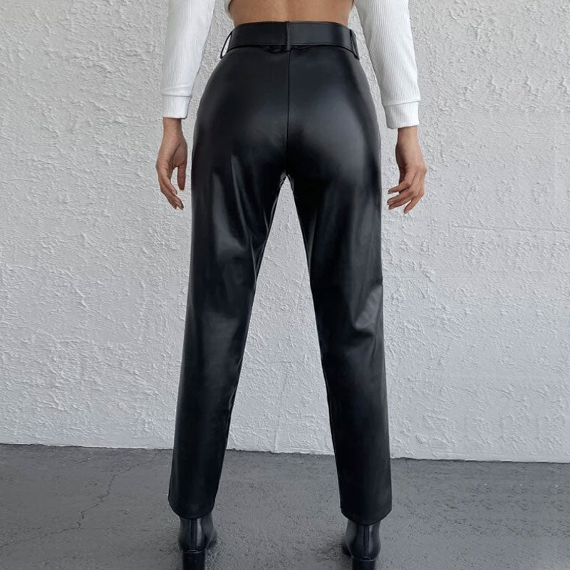 High Waist Buckle Trim Side Pocket Vegan Leather Pants - Black