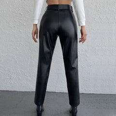 High Waist Buckle Trim Side Pocket Vegan Leather Pants - Black