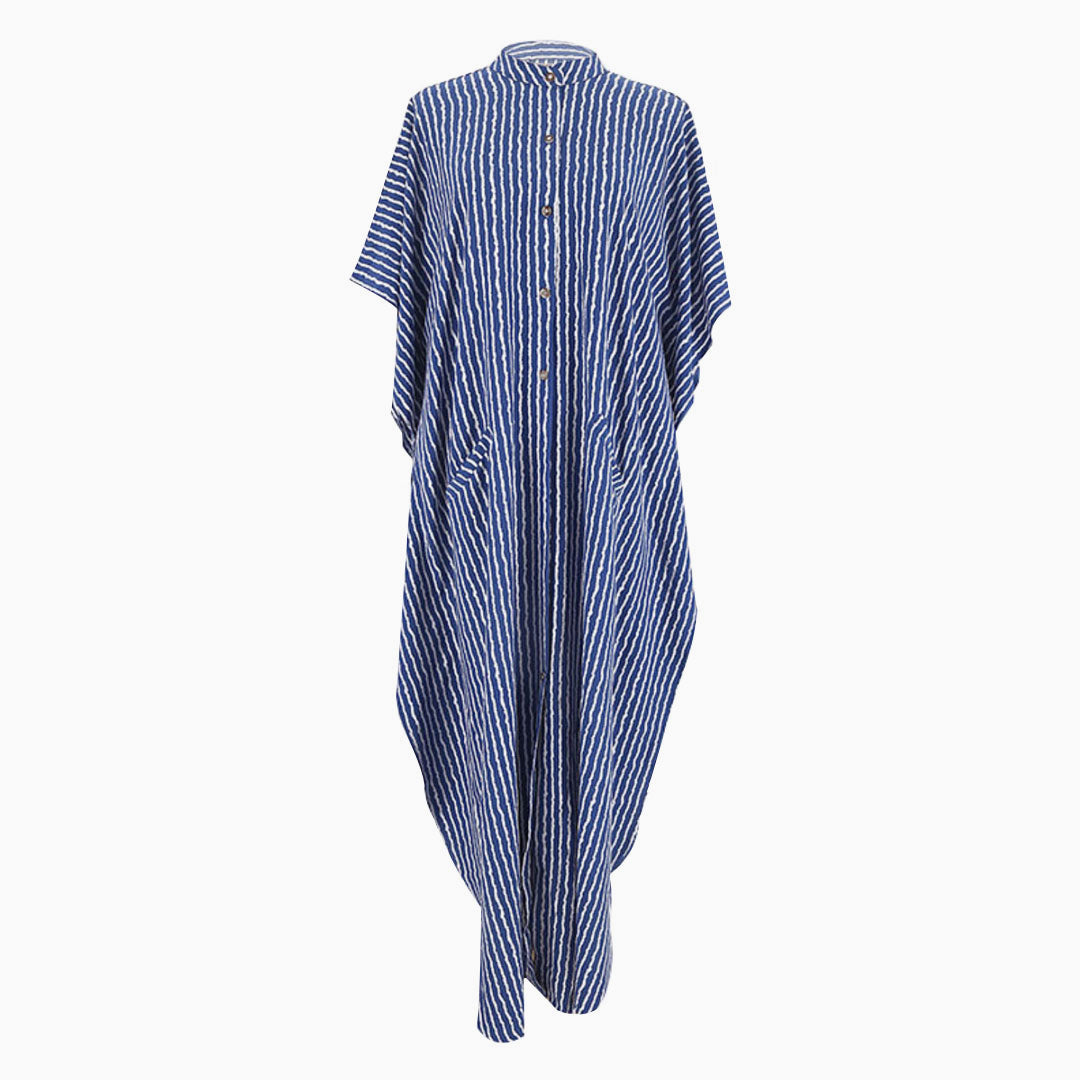Casual Striped High Neck Batwing Sleeve Maxi Cover Up - Stripe