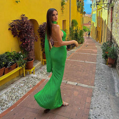 Vestido largo formal con abertura, sin mangas y espalda baja con ribete drapeado - Verde