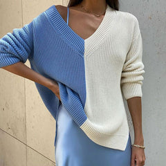 Color V Neck Drop Shoulder Long Sleeve Sweater - Blue