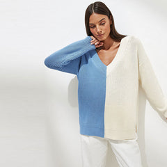 Color V Neck Drop Shoulder Long Sleeve Sweater - Blue