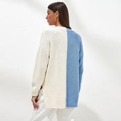 Color V Neck Drop Shoulder Long Sleeve Sweater - Blue