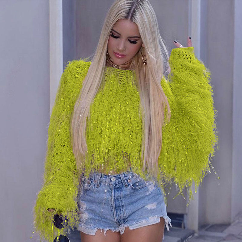 Crochet Knit Fringe Long Sleeve Cropped Sweater - Green