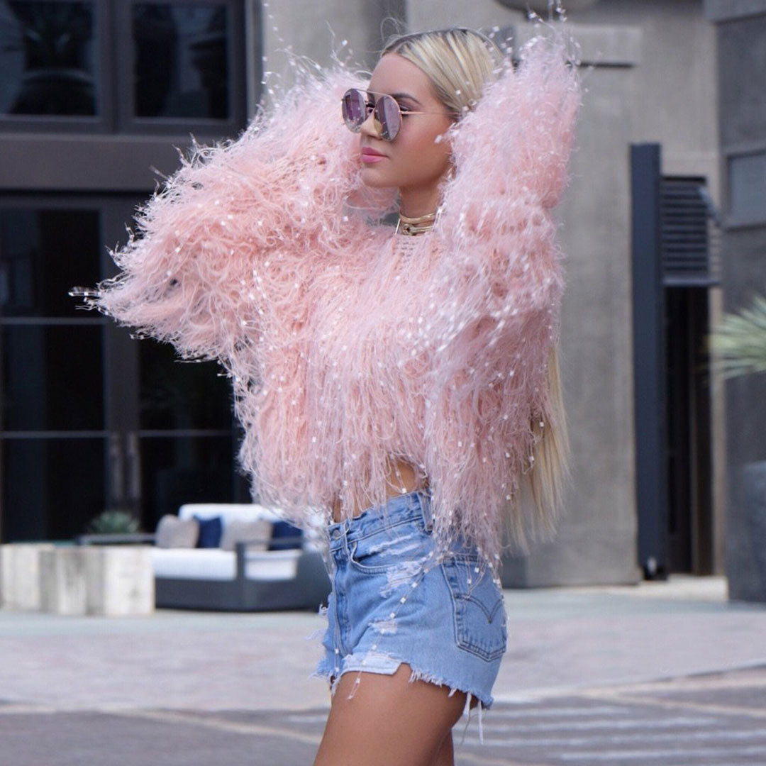 Crochet Knit Fringe Long Sleeve Cropped Sweater - Pink